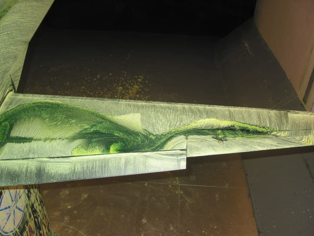 Wind tunnel flow visualization performed on an airplane wing at Kirsten Wind Tunnel, Washington